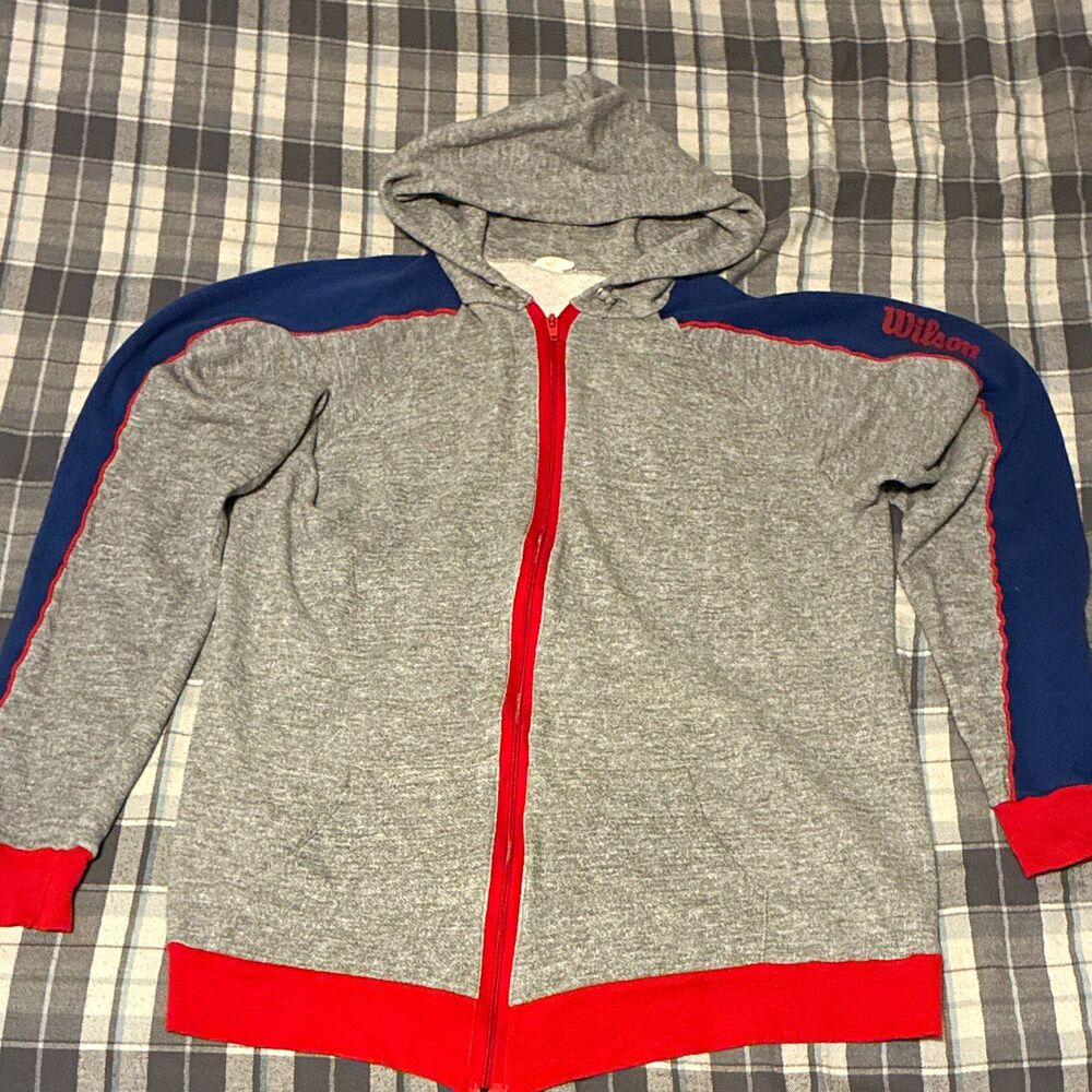 Vintage 1970s Wilson Men's Full Zip Hooded Colorblock Hoodie Blue/Red Size M